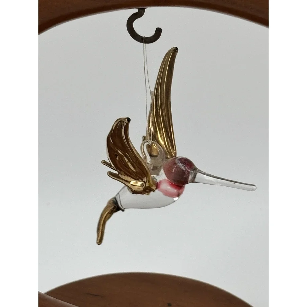 Vtg Wood Crescent Stand With Glass Hummingbird Moon Ornament Display‎ Holder 7